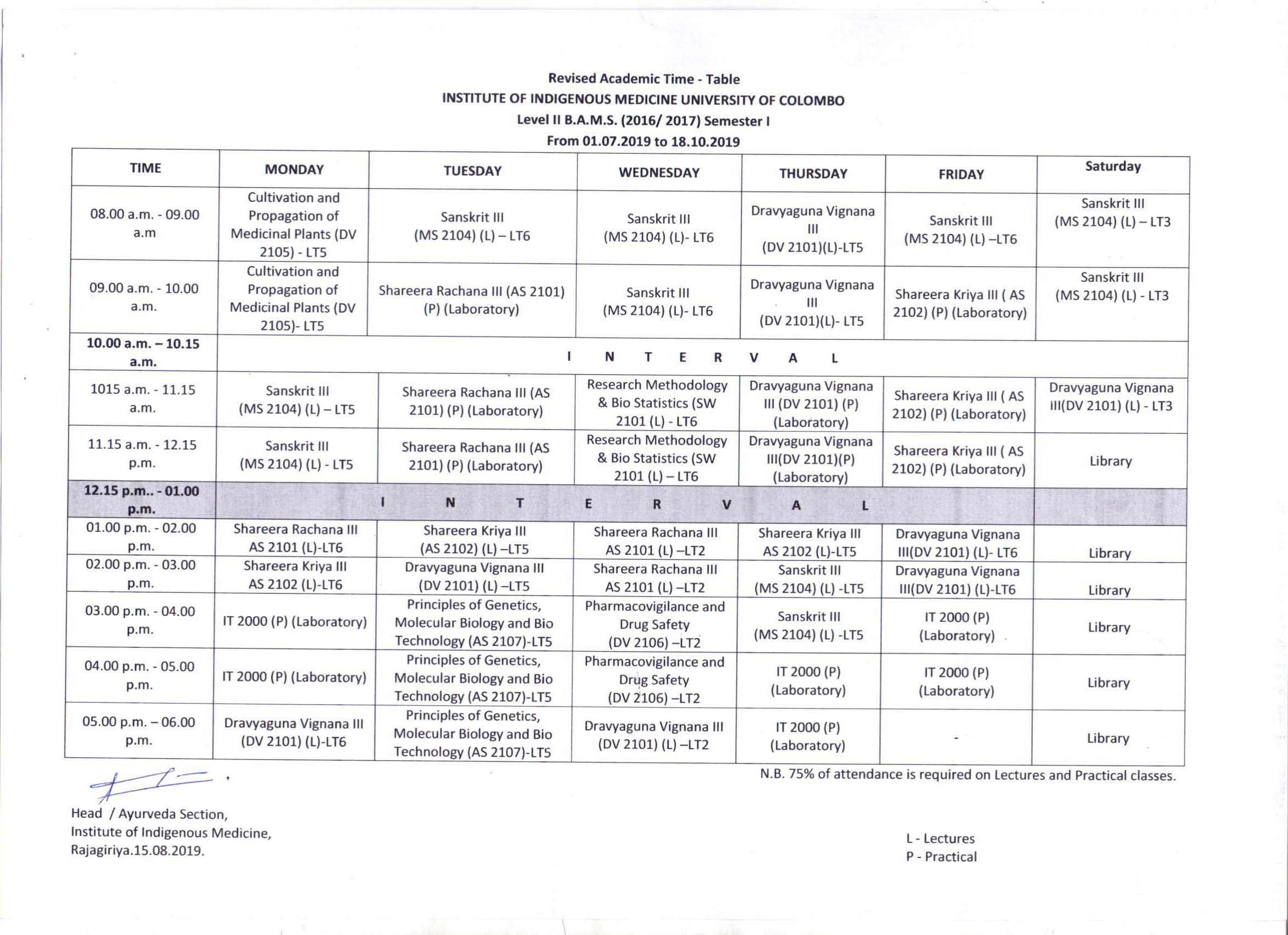 Revised Academic Time Table Level II B A M S 2016 2017 Semester I