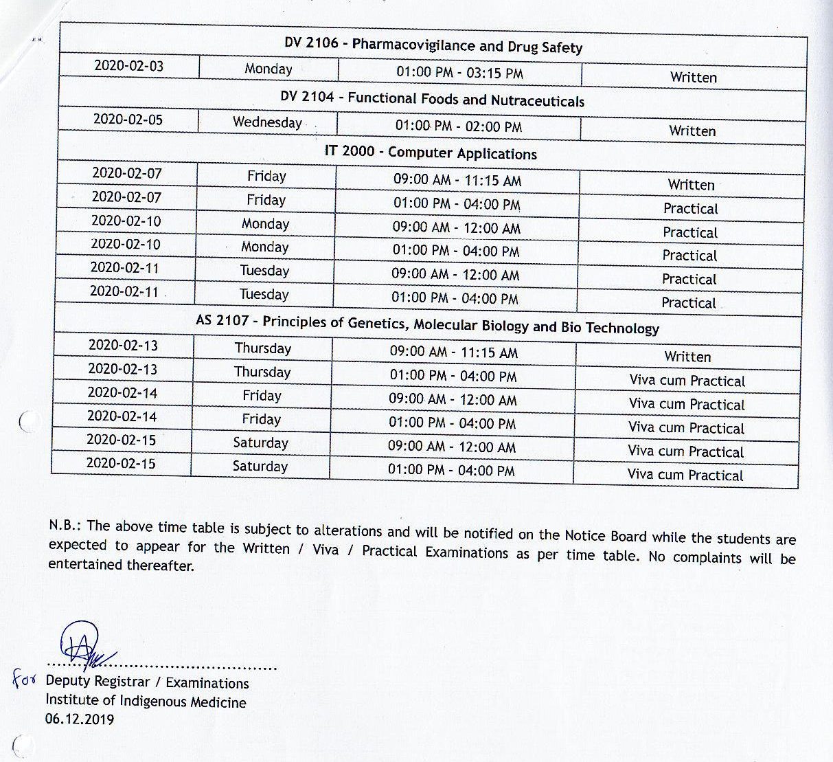 Revised Exam Time Table Level II BAMS First Semester Examination -2020 ...