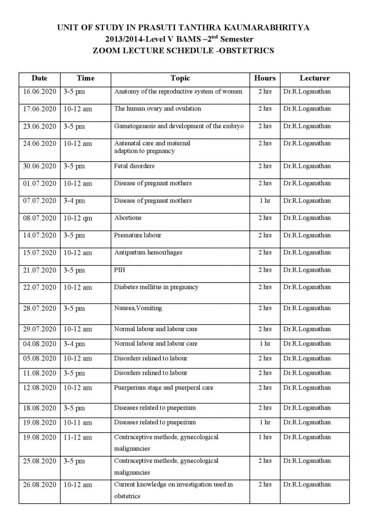 ZOOM LECTURE SCHEDULE -OBSTETRICS : PRASUTI TANTHRA KAUMARABHRITYA 2013 ...