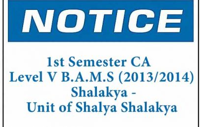 NOTICE: 1st Semester CA – Level V B.A.M.S (2013/2014) Shalakya – Unit of Shalya Shalakya