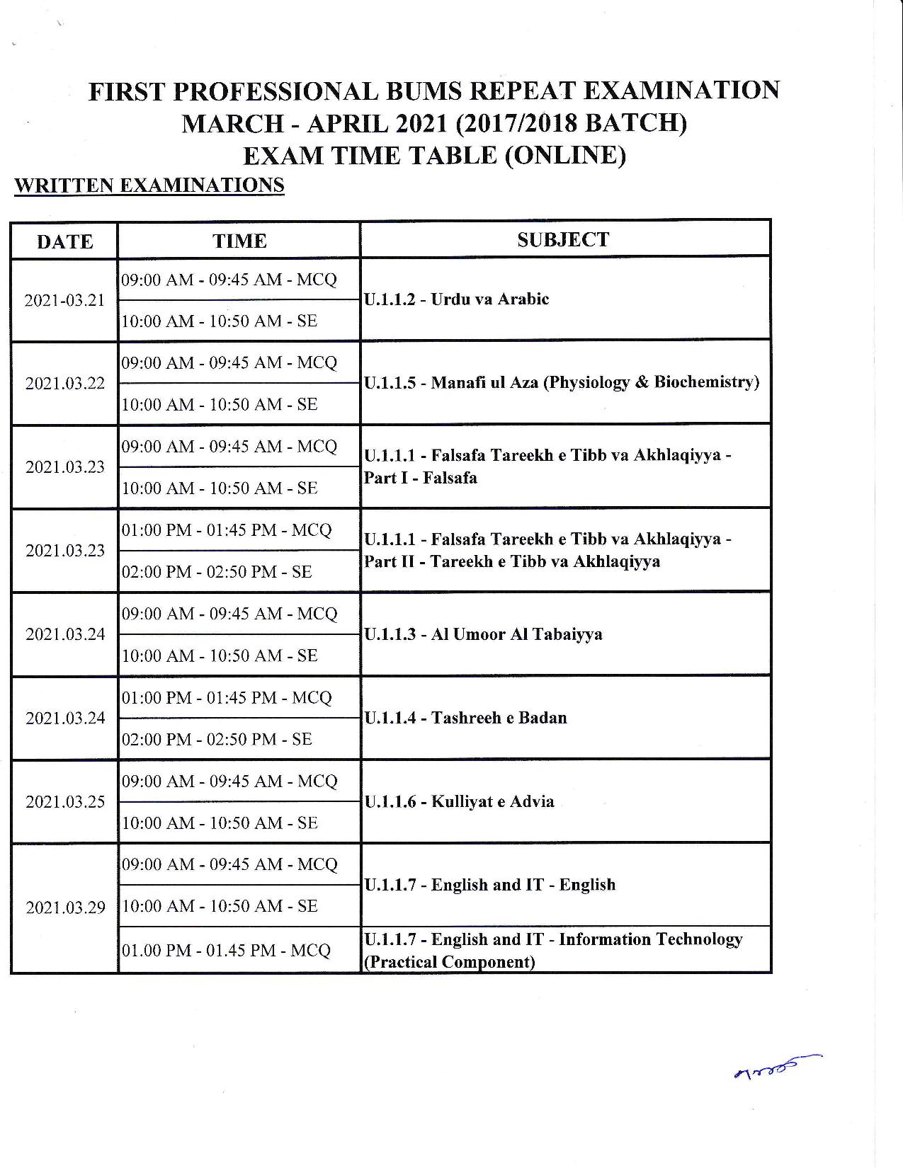 Time Table – First Professional BUMS Repeat Exam March – April 2021 ...