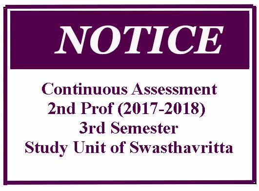 Continuous Assessment – 2nd Prof (2017-2018) 3rd Semester- Study Unit of Swasthavritta