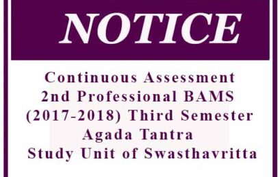 Continuous Assessment- 2nd Professional BAMS (2017-2018) Third Semester – Agada Tantra – Study Unit of Swasthavritta