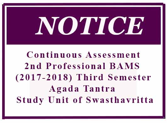 Continuous Assessment- 2nd Professional BAMS (2017-2018) Third Semester – Agada Tantra – Study Unit of Swasthavritta