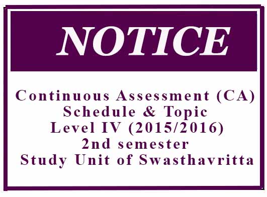 Continuous Assessment (CA) Schedule & Topic: Level IV (2015/2016)- 2nd semester – Study Unit of Swasthavritta