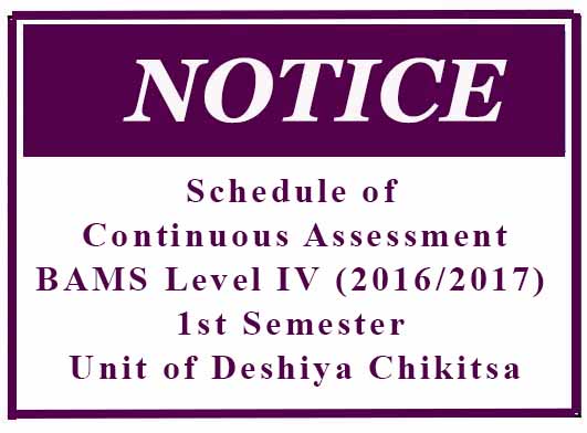 Schedule of Continuous Assessment: BAMS Level IV (2016/2017) 1st Semester -Unit of Deshiya Chikitsa
