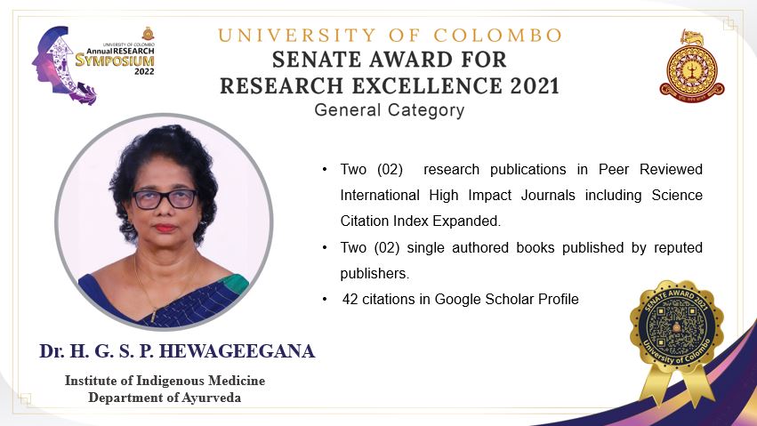 Dr. H. G. S. P. HEWAGEEGANA achieved the “Senate Award for Research Excellence” in the year 2021