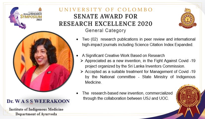 Dr. W A S S Weerakoon achieved the “Senate Award for Research Excellence” in the year 2020