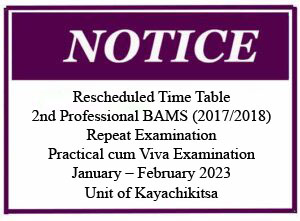 Rescheduled Time Table  2 nd Professional BAMS (2017/2018) Repeat Examination Practical cum Viva Examination January – February 2023  Unit of Kayachikitsa