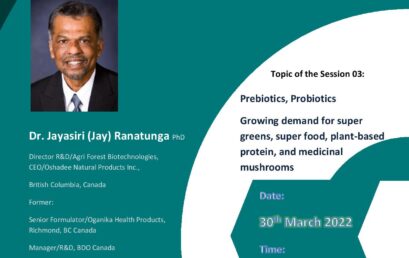 Session 03 : Prebiotics, Probiotics Growing demand for super greens, super food, plant-based protein and medicinal mushrooms