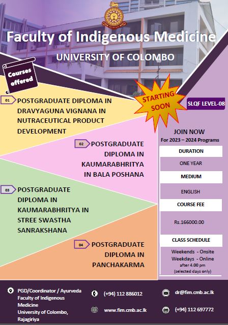 Upcoming PG Diploma Courses in the Faculty of Indigenous Medicine, University of Colombo