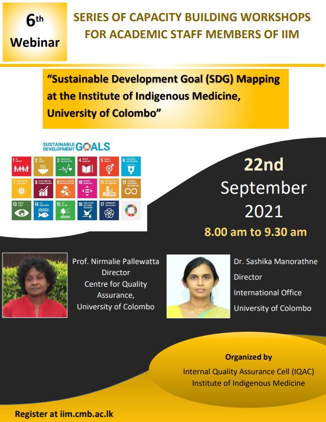 Sustainable Development Goal (SDG) Mapping  at the Institute of Indigenous Medicine,  University of Colombo