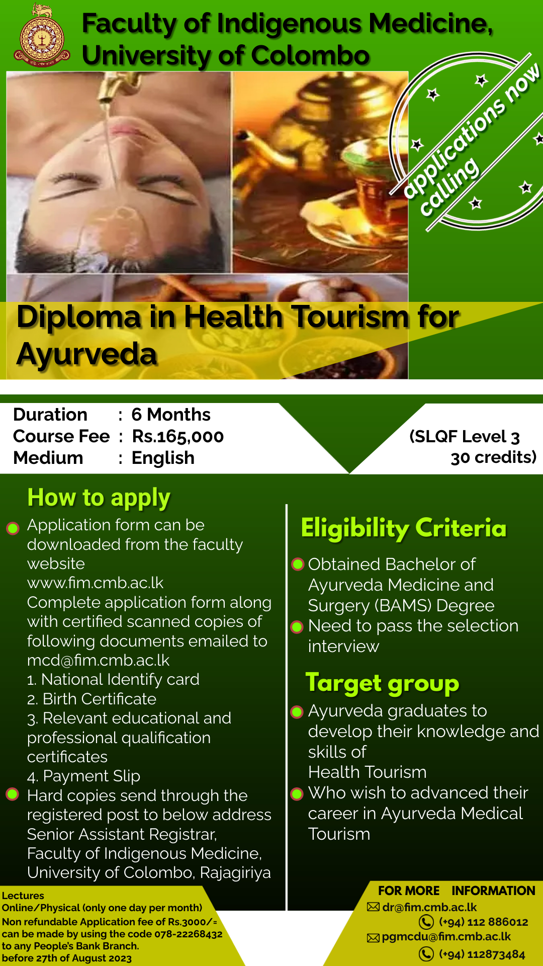 Diploma in Health Tourism for Ayurveda Faculty of Indigenous Medicine