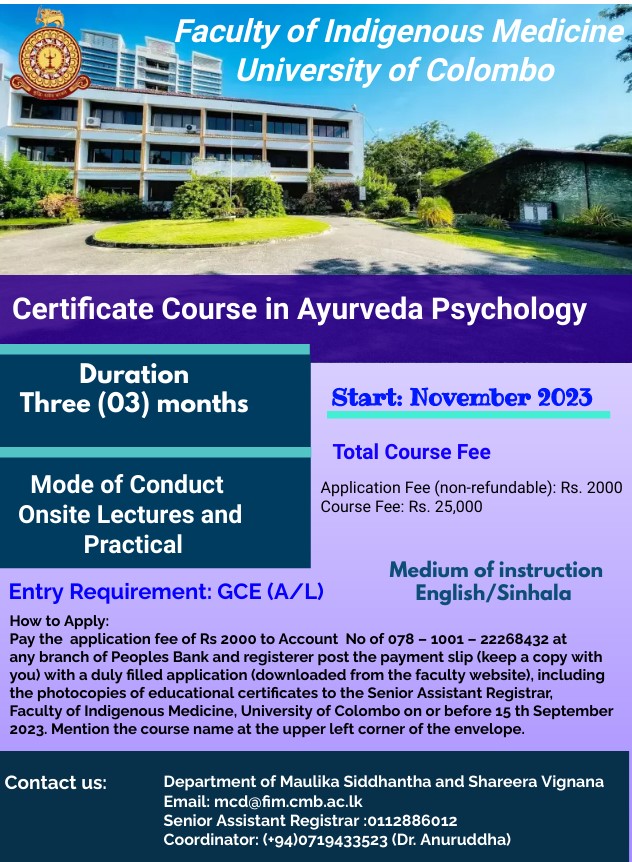 Certificate Course in Ayurveda Psychology Faculty of Indigenous Medicine