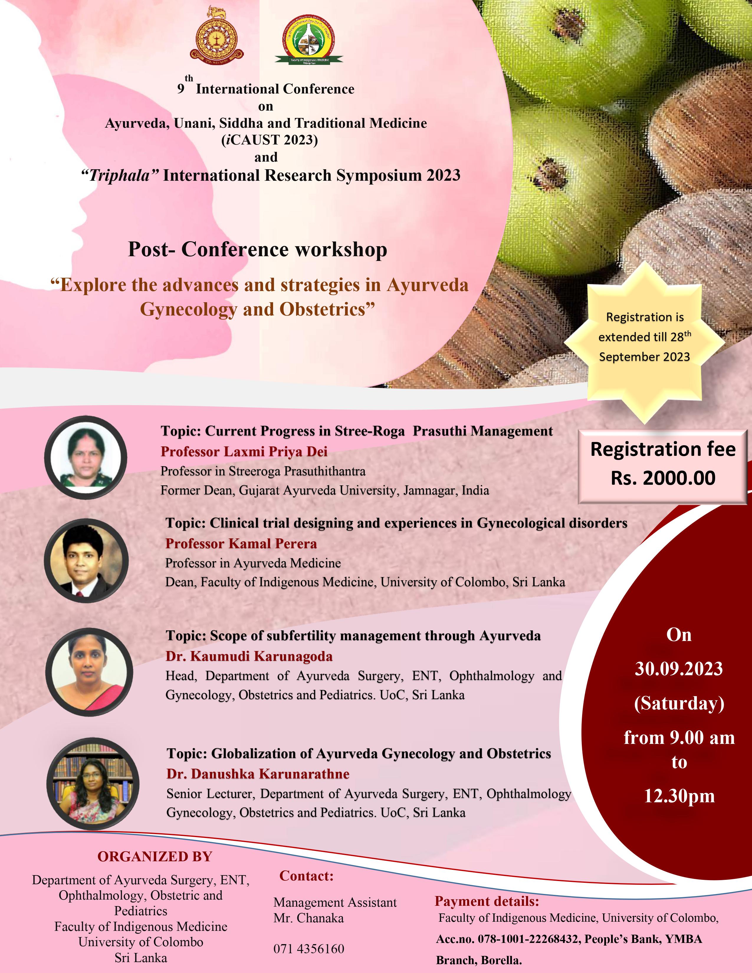 Deadline Extended : Post- Conference workshop – “Explore the advances and strategies in Ayurveda Gynecology and Obstetrics”