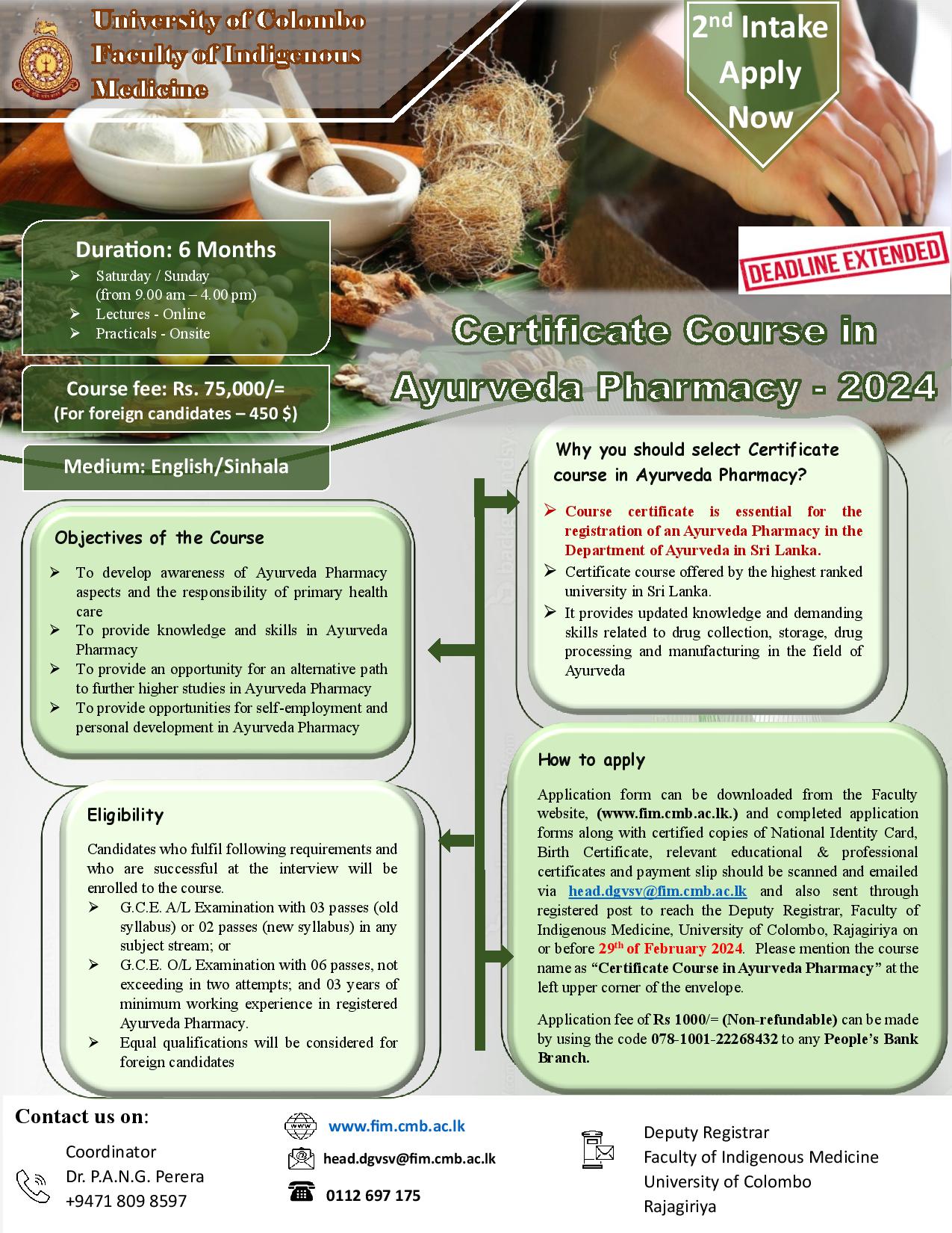 Deadline Extended : Certificate Course in Ayurveda Pharmacy