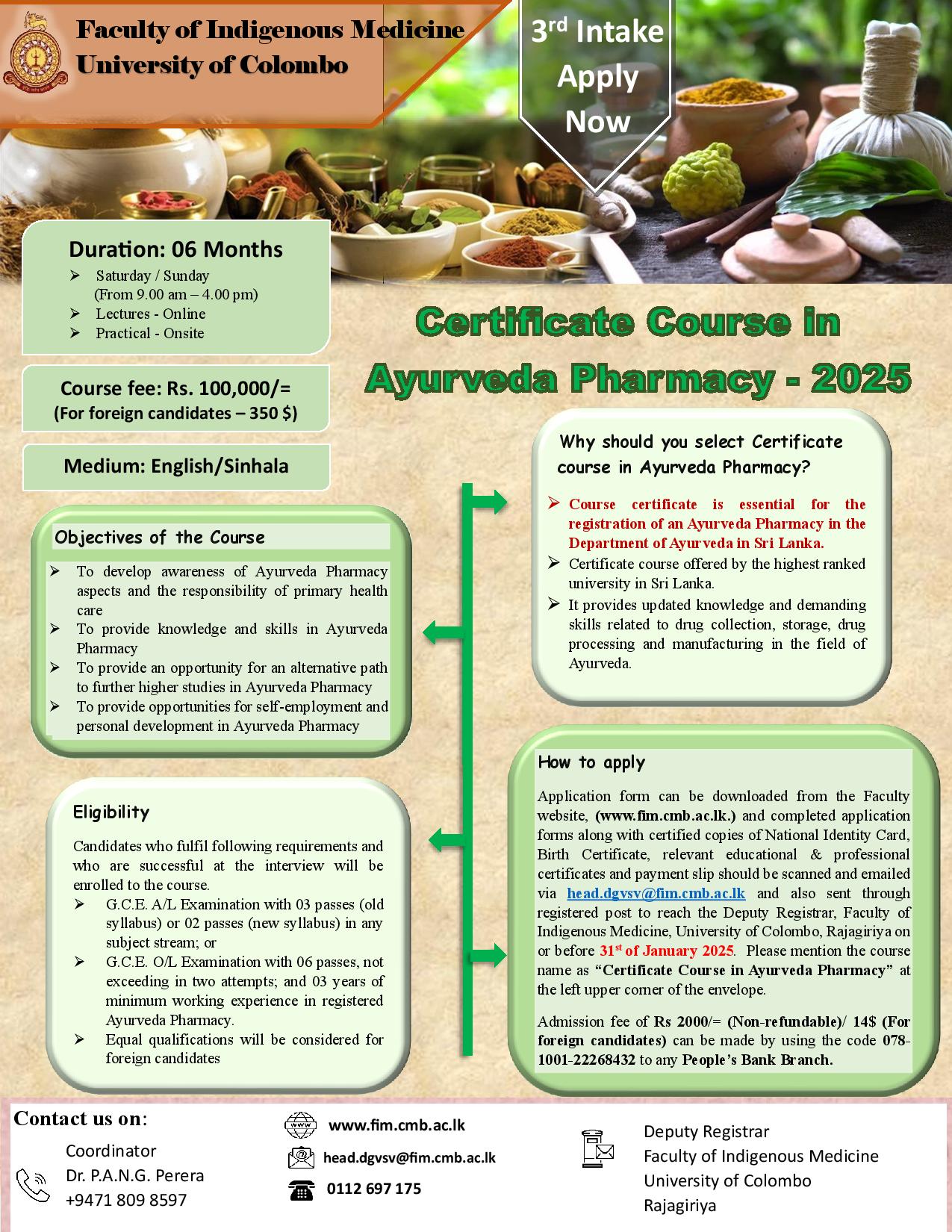 Certificate Course in Ayurveda Pharmacy