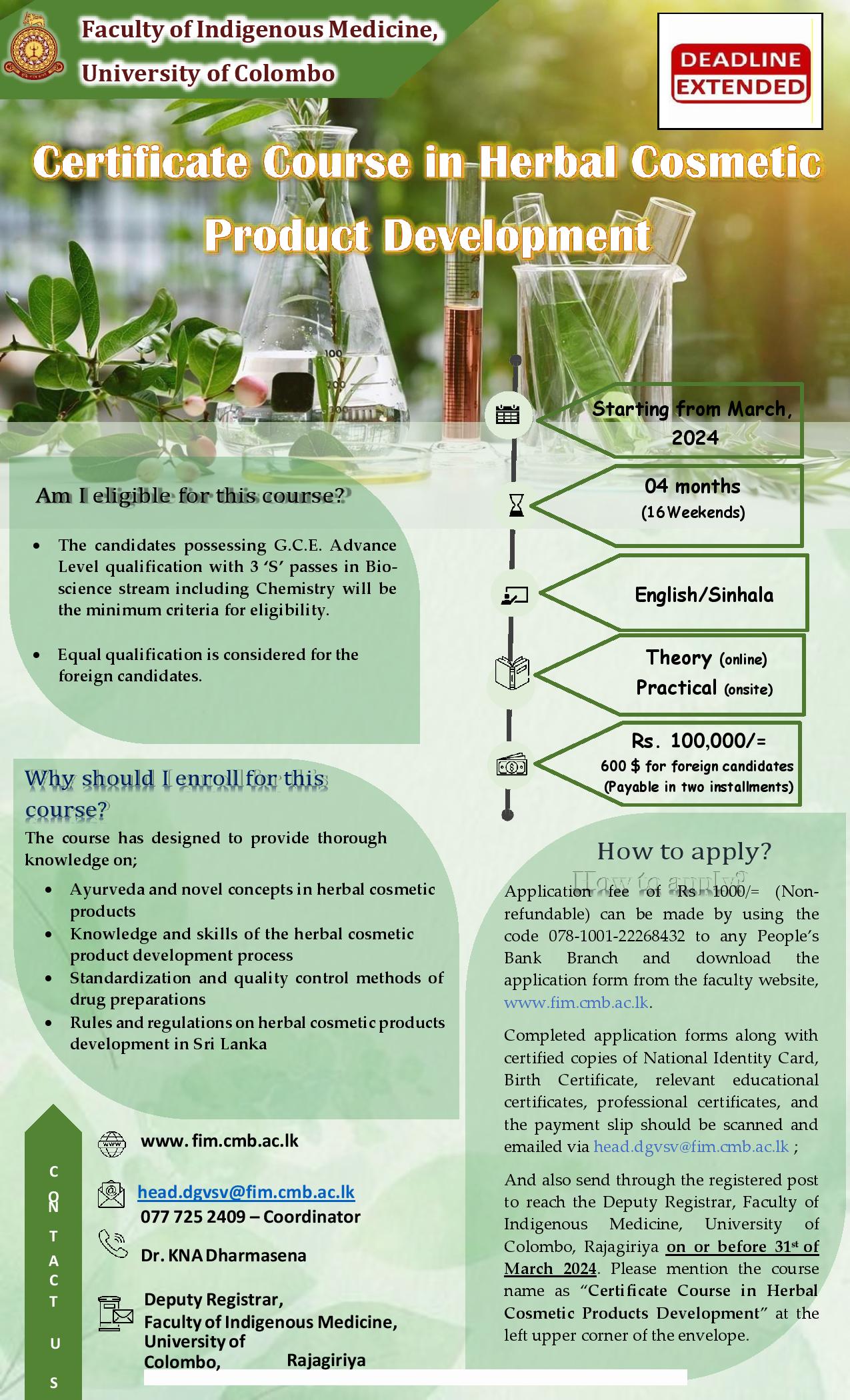 Certificate in Herbal Cosmetic Products Development (Cert HCPD)