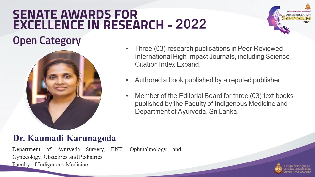 Dr.Kaumadi Karunagoda achieved the Senate Award for Excellence in Research – 2022