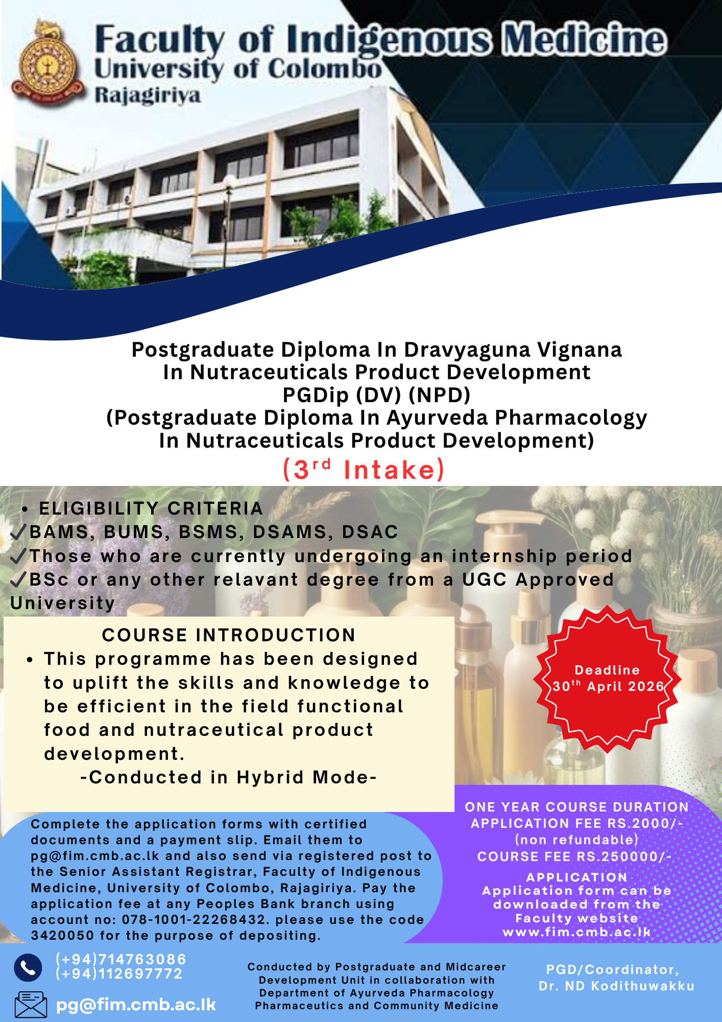 Postgraduate Diploma in Ayurveda Pharmacology in Nutraceuticals Product Development