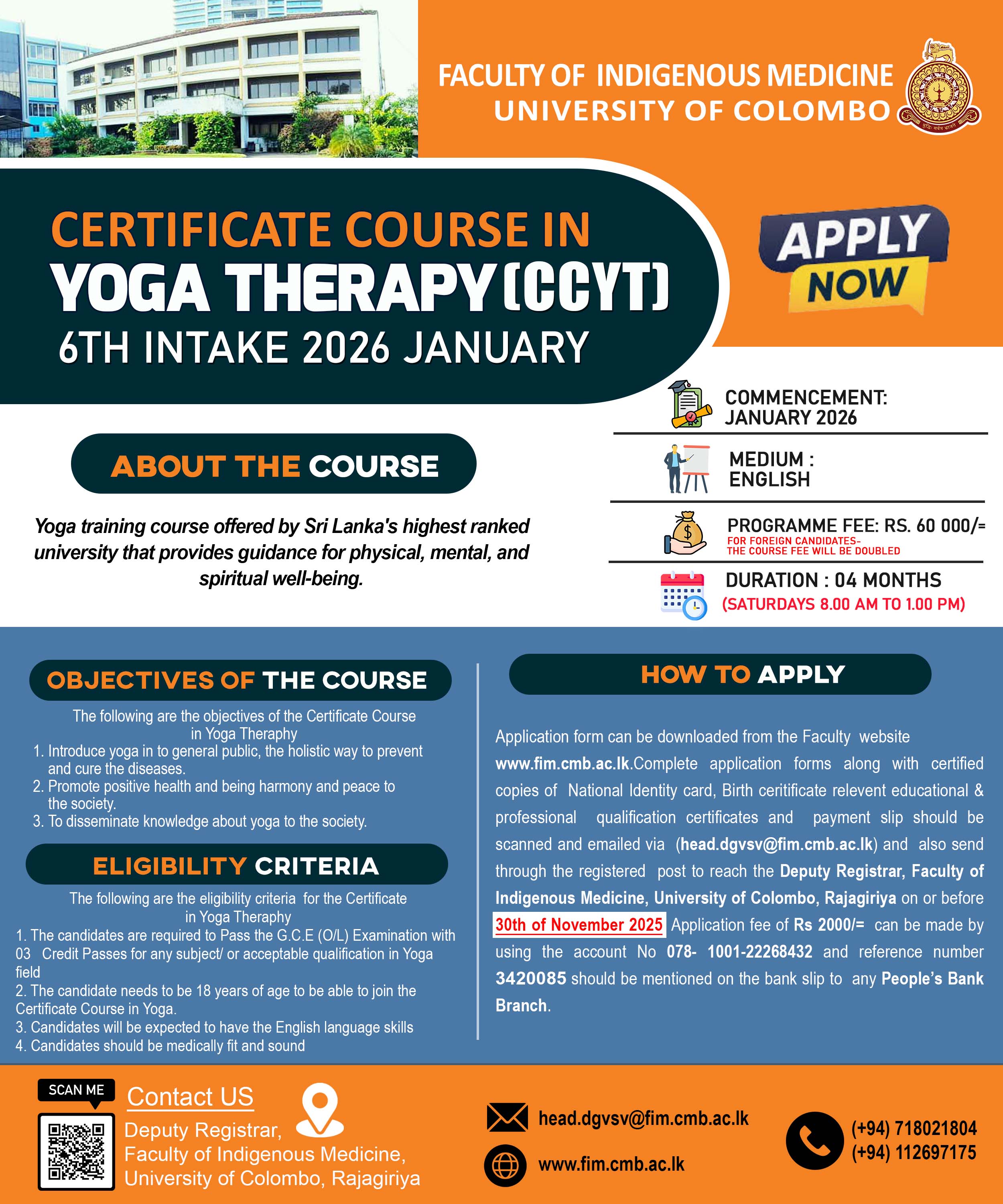 Certificate Course in Yoga Therapy – 2026 – 6th Intake