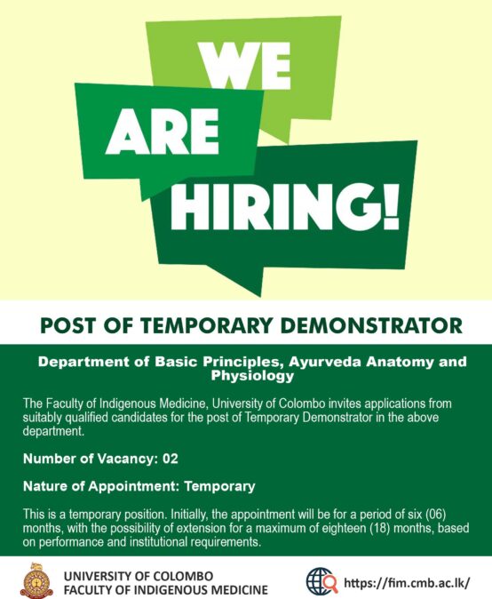 VACANCY: POST OF TEMPORARY DEMONSTRATOR Department of Basic Principles, Ayurveda Anatomy and Physiology