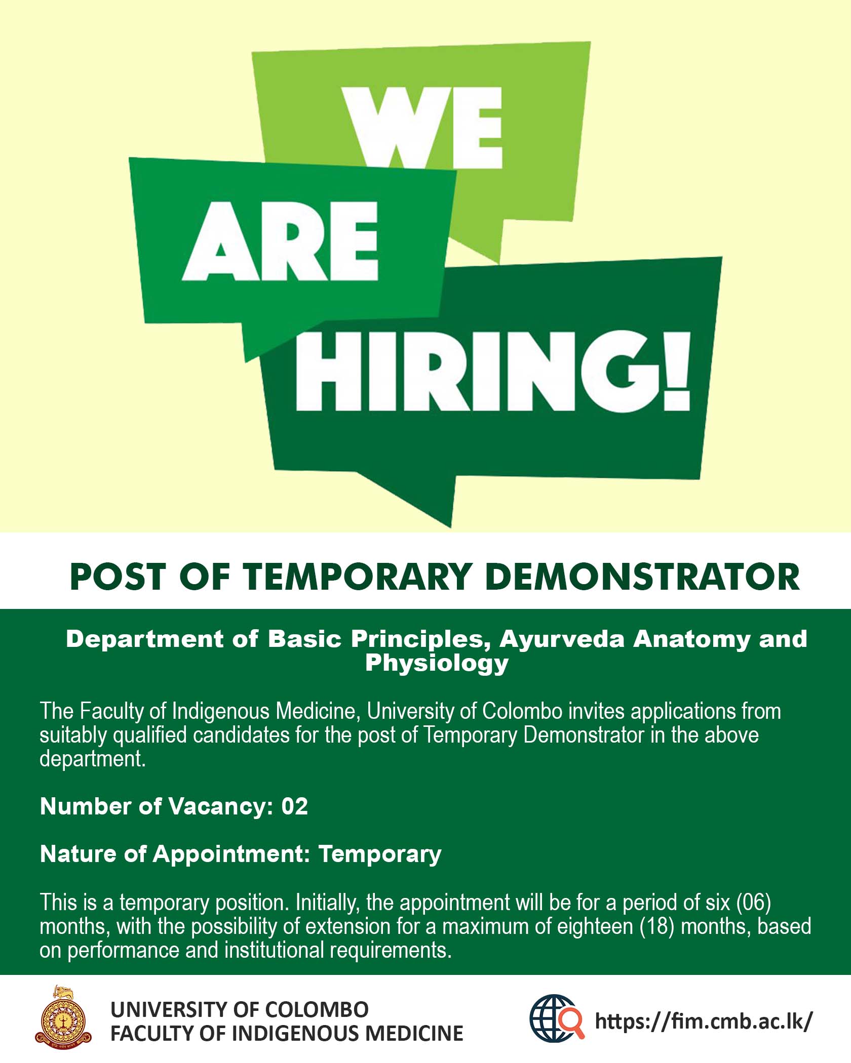 VACANCY: POST OF TEMPORARY DEMONSTRATOR Department of Basic Principles, Ayurveda Anatomy and Physiology