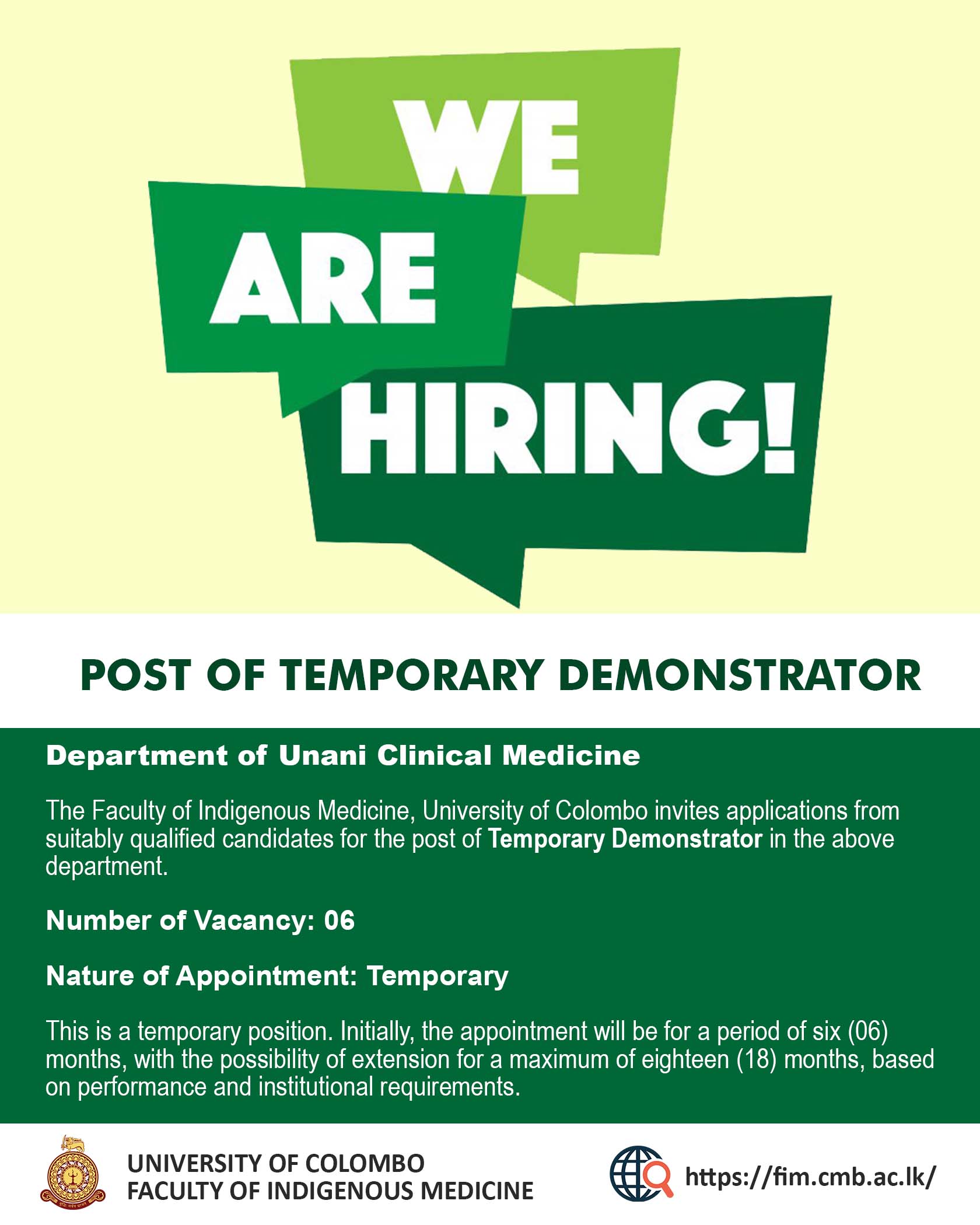 VACANCY POST OF TEMPORARY DEMONSTRATOR Department of Unani Clinical Medicine