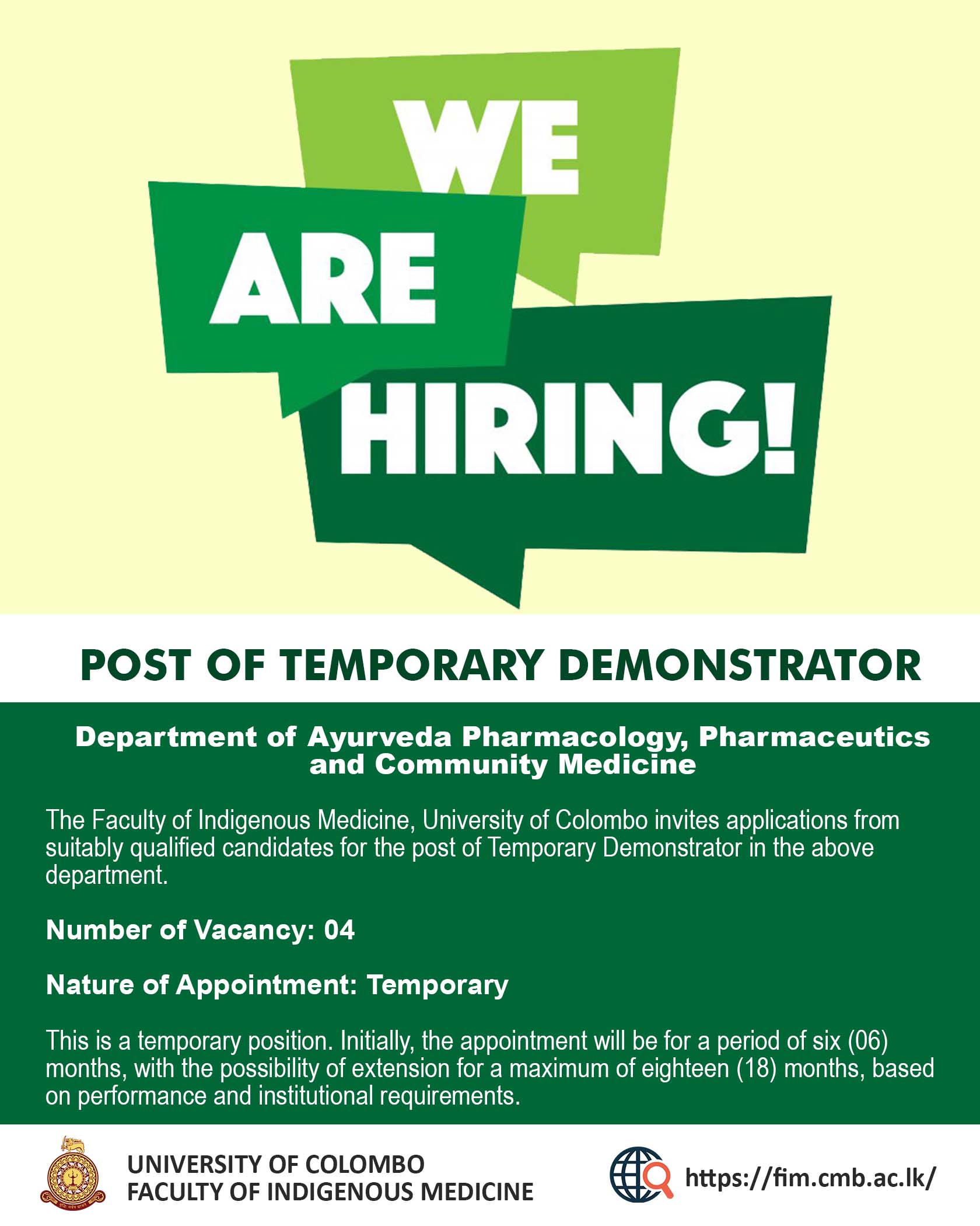 VACANCY: POST OF TEMPORARY DEMONSTRATOR Department of Ayurveda Pharmacology, Pharmaceutics and Community Medicine