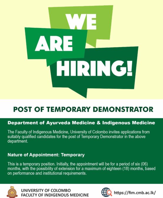 VACANCY: POST OF TEMPORARY DEMONSTRATOR Department of Ayurveda Medicine & Indigenous Medicine