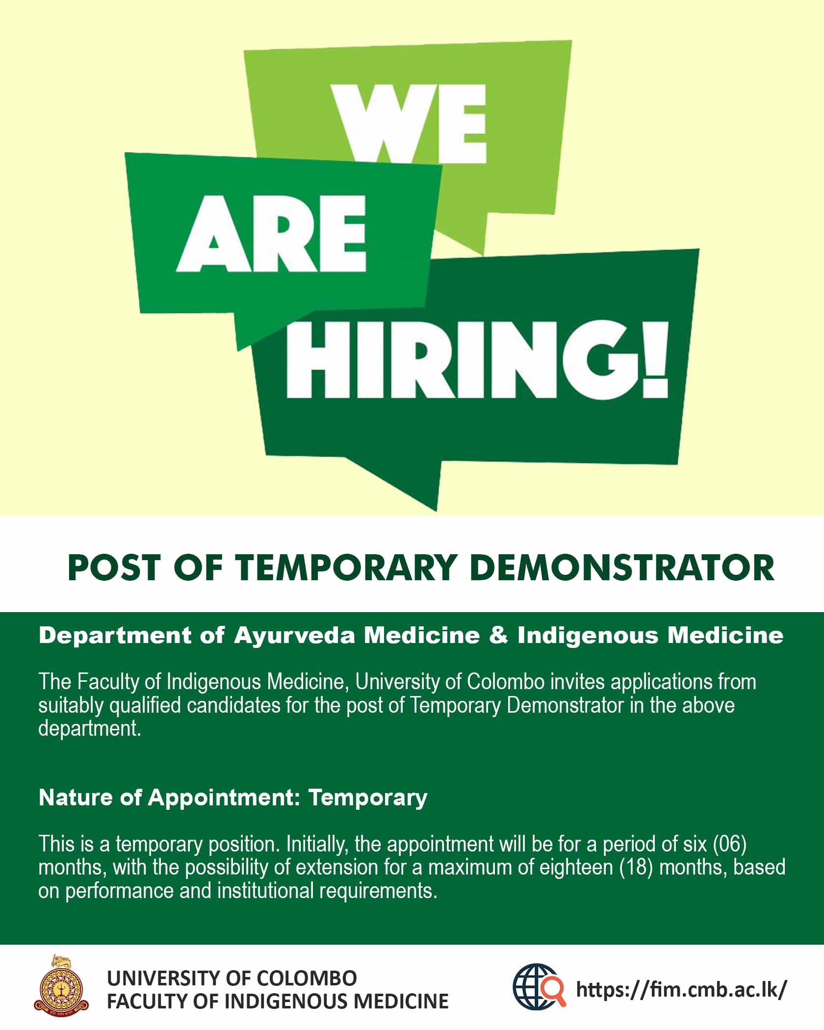 VACANCY: POST OF TEMPORARY DEMONSTRATOR Department of Ayurveda Medicine & Indigenous Medicine