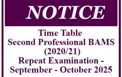 Time Table – Second Professional BAMS (2020/21) Repeat Examination – September – October 2025