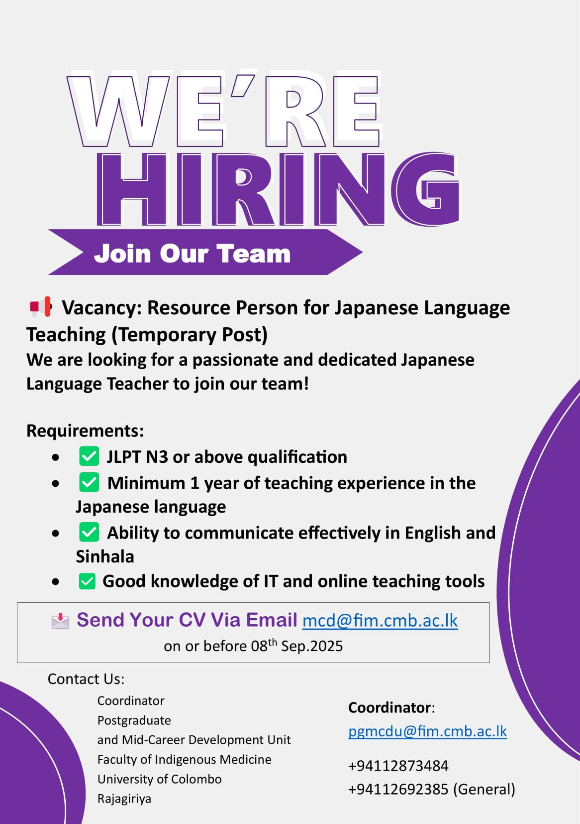 Vacancy: Resource Person for Japanese Language Teaching (Temporary Post)