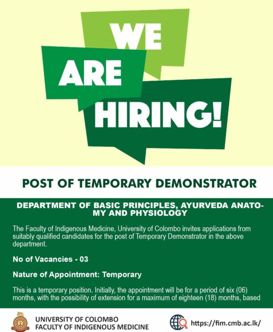 VACANCY: POST OF TEMPORARY DEMONSTRATOR Department of Basic Principles, Ayurveda Anatomy and Physiology