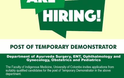 VACANCY: POST OF TEMPORARY DEMONSTRATOR : DEPARTMENT OF AYURVEDA SURGERY, ENT, OPHTHALMOLOGY AND GYNECOLOGY, OBSTETRICS AND PEDIATRICS
