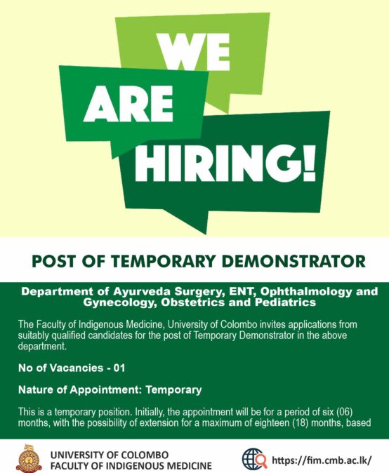 VACANCY: POST OF TEMPORARY DEMONSTRATOR : DEPARTMENT OF AYURVEDA SURGERY, ENT, OPHTHALMOLOGY AND GYNECOLOGY, OBSTETRICS AND PEDIATRICS