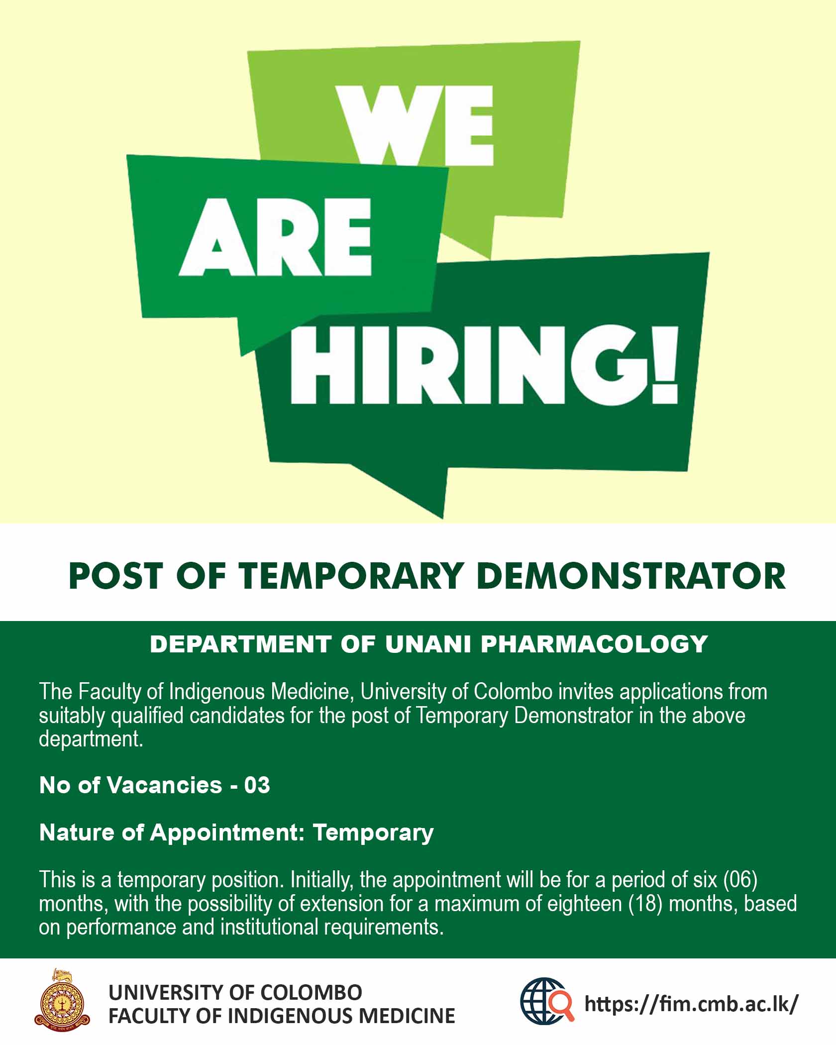 POST OF TEMPORARY DEMONSTRATOR : DEPARTMENT OF UNANI PHARMACOLOGY