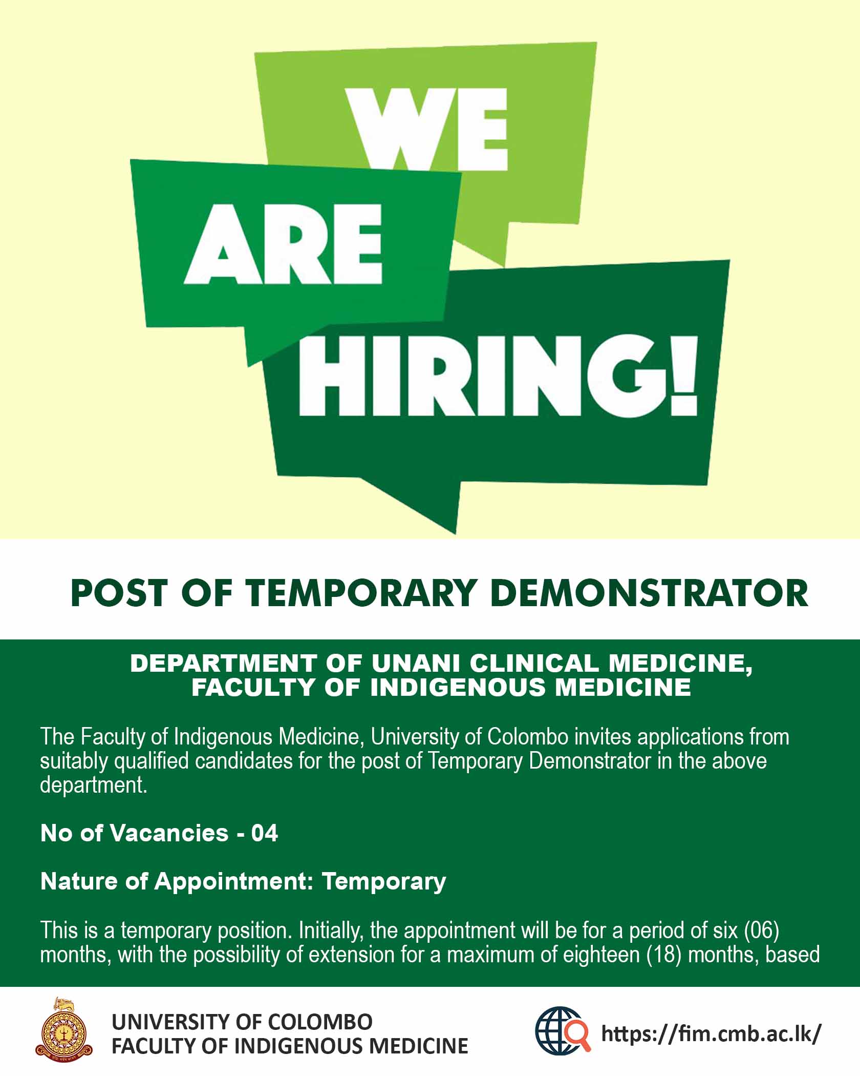 VACANCIES: POST OF TEMPORARY DEMONSTRATORS , DEPARTMENT OF UNANI CLINICAL MEDICINE,FACULTY OF INDIGENOUS MEDICINE