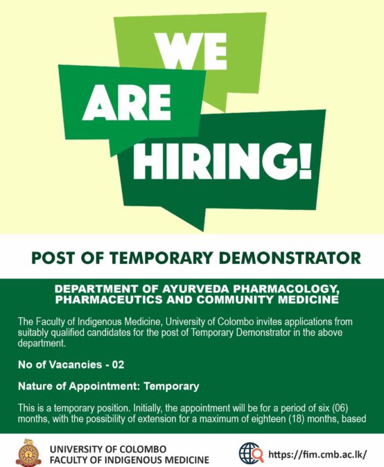 POST OF TEMPORARY DEMONSTRATOR : DEPARTMENT OF AYURVEDA PHARMACOLOGY, PHARMACEUTICS AND COMMUNITY MEDICINE