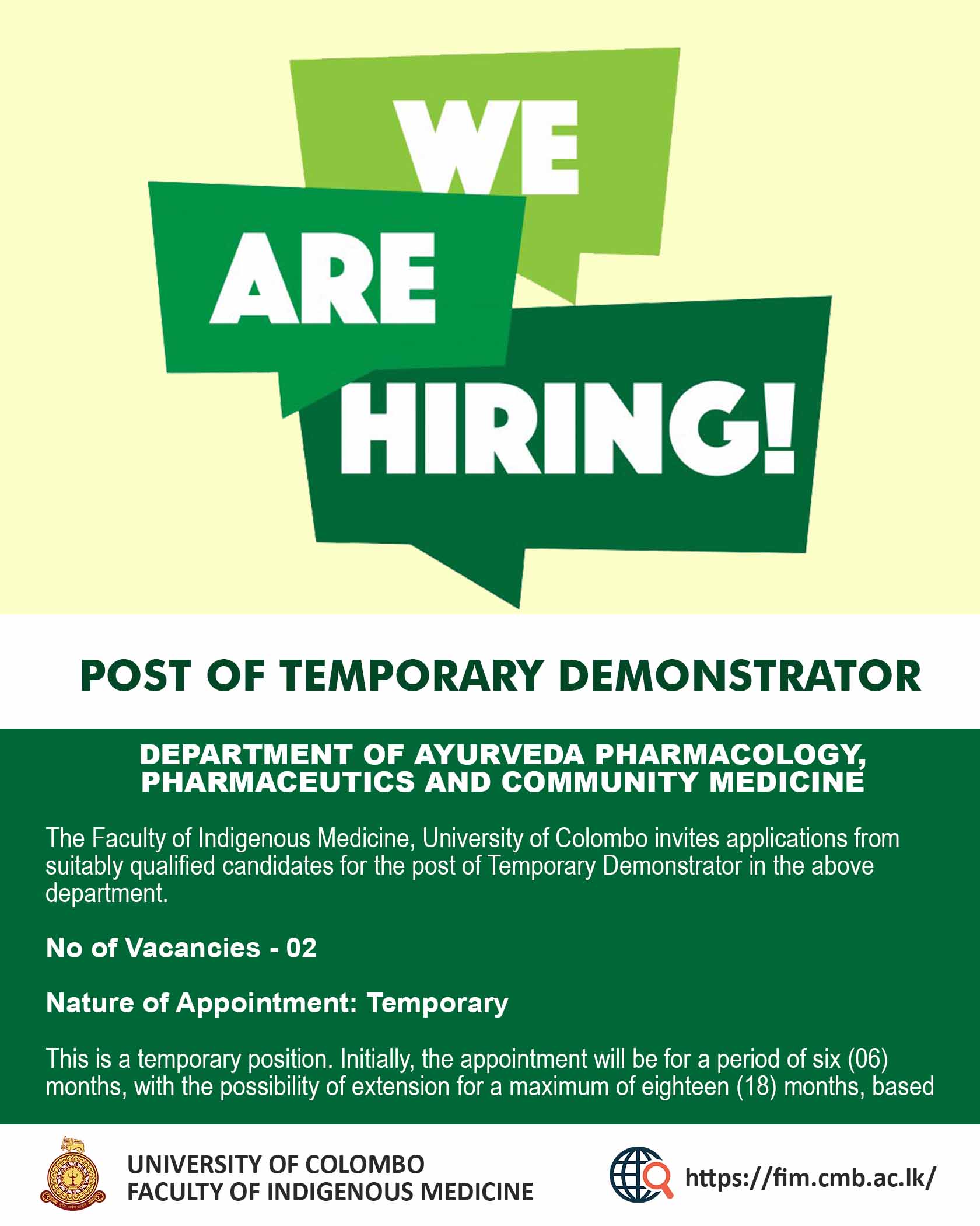 POST OF TEMPORARY DEMONSTRATOR : DEPARTMENT OF AYURVEDA PHARMACOLOGY, PHARMACEUTICS AND COMMUNITY MEDICINE
