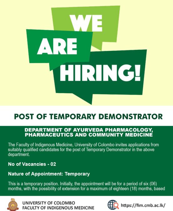 POST OF TEMPORARY DEMONSTRATOR: DEPARTMENT OF AYURVEDA PHARMACOLOGY, PHARMACEUTICS AND COMMUNITY MEDICINE