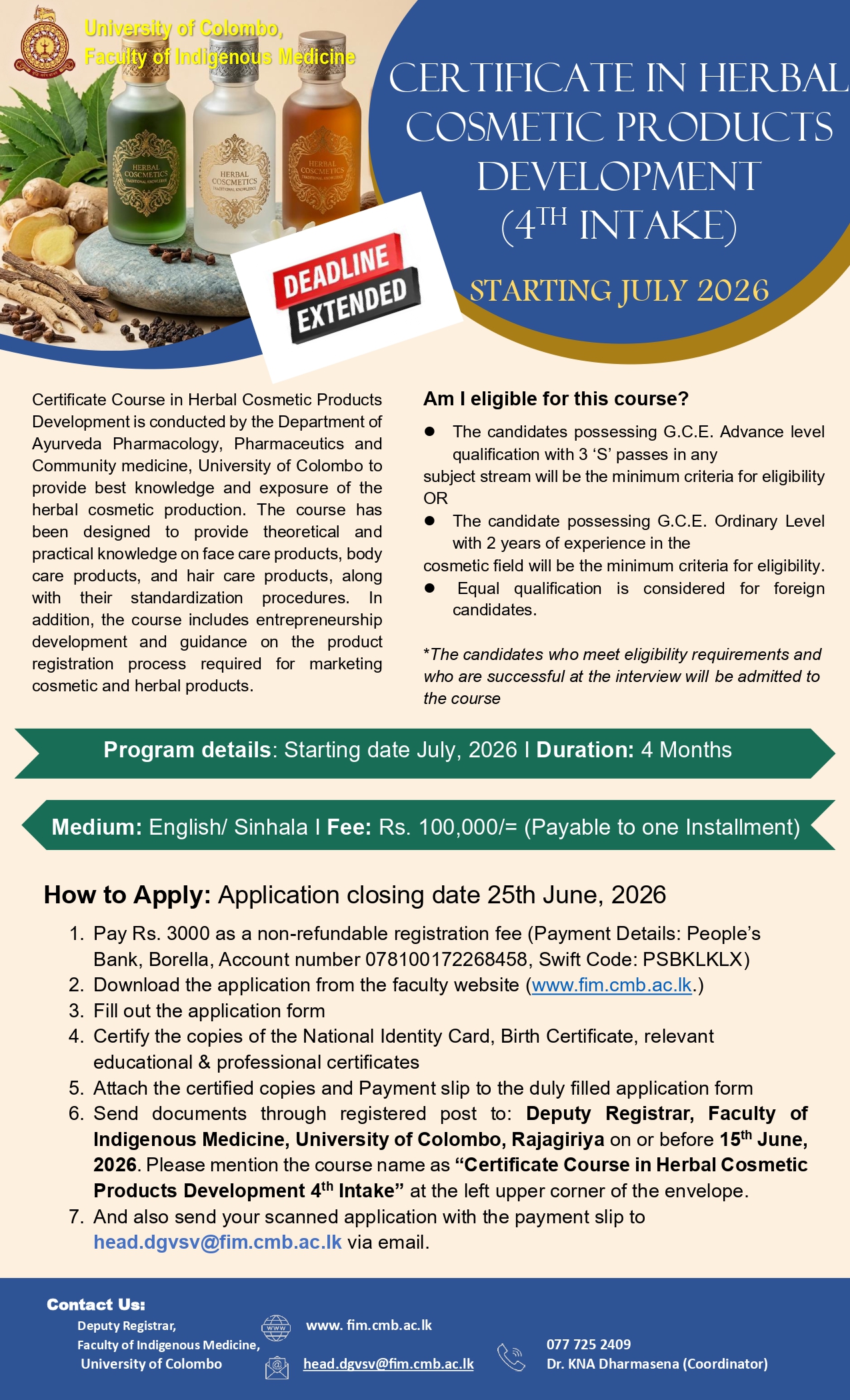 Certificate in Herbal Cosmetic Products Development (Cert HCPD)