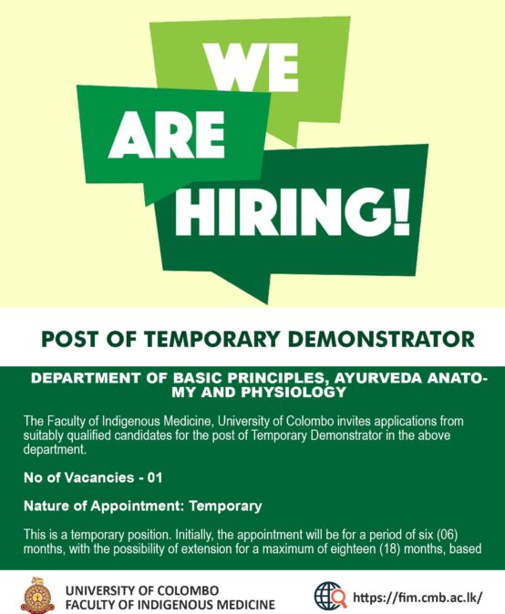 POST OF TEMPORARY DEMONSTRATOR: DEPARTMENT OF BASIC PRINCIPLES, AYURVEDA ANATOMY AND PHYSIOLOGY