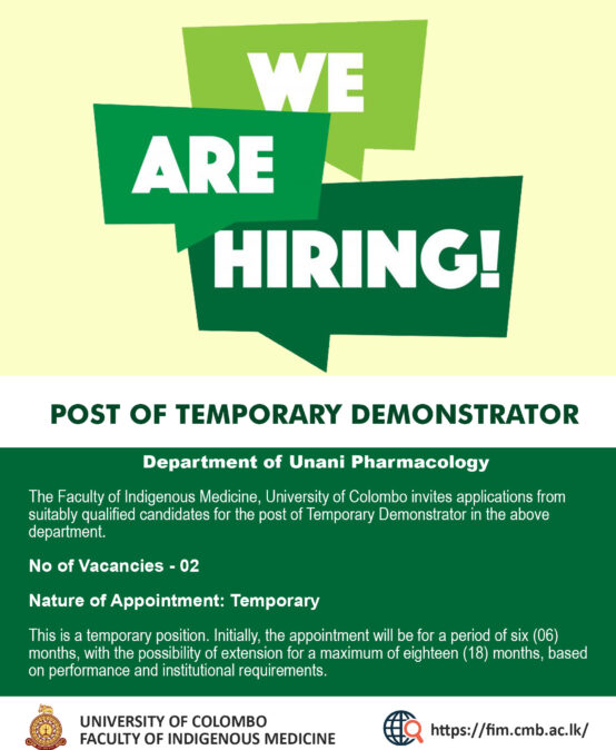 POST OF TEMPORARY DEMONSTRATOR: DEPARTMENT OF UNANI PHARMACOLOGY