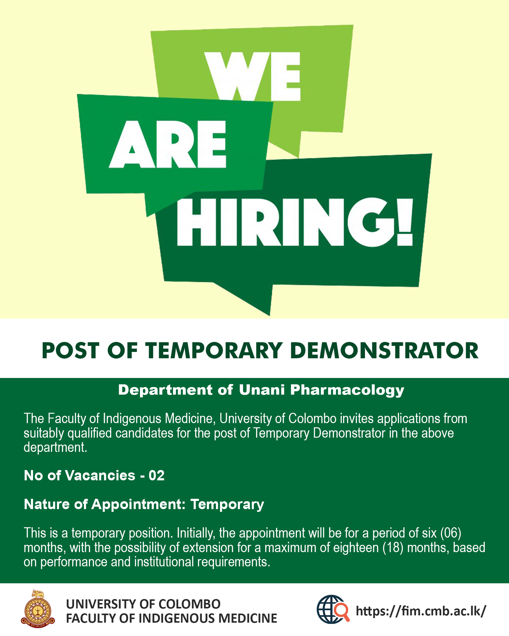 POST OF TEMPORARY DEMONSTRATOR: DEPARTMENT OF UNANI PHARMACOLOGY