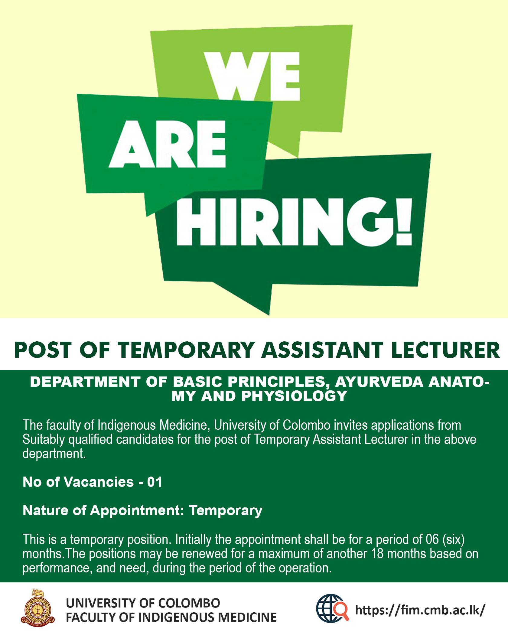 POST OF TEMPORARY ASSISTANT LECTURER